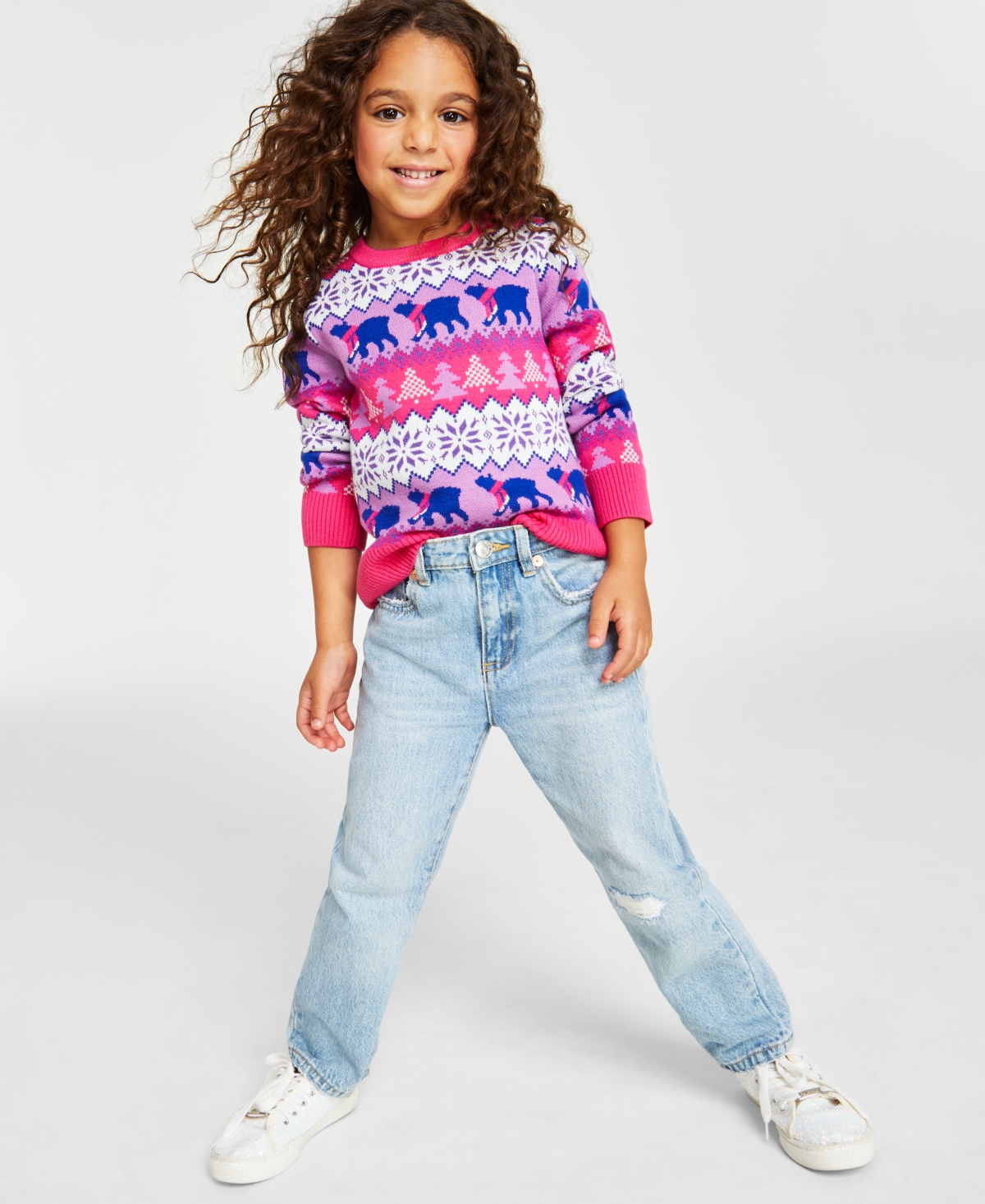 Charter Club Holiday Lane Little Girls Santa Bear Sweater, Created For Macy's In Purple Sapphire Combo
