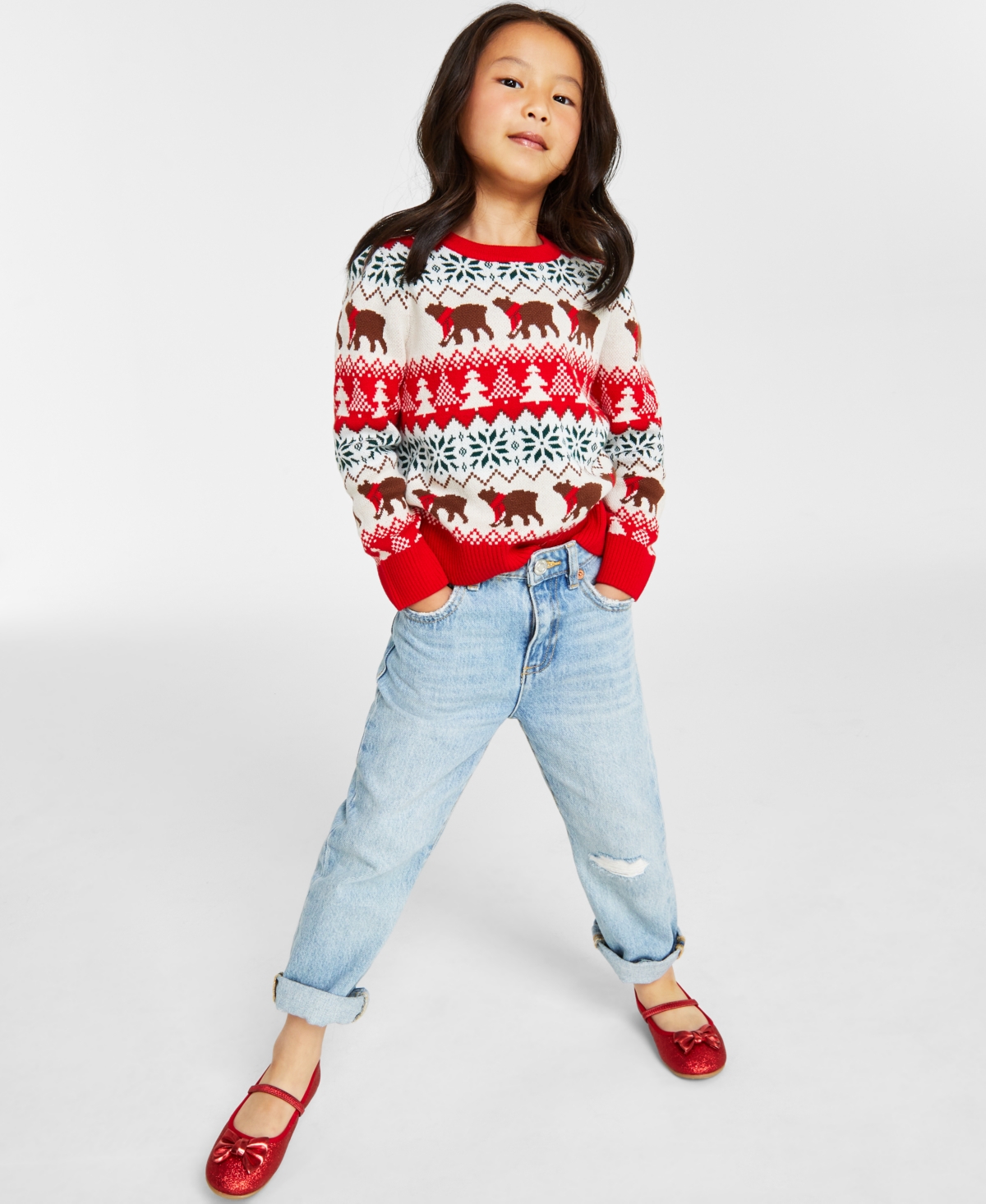 Charter Club Holiday Lane Little Girls Santa Bear Sweater, Created For Macy's In Ravishing Red Combo