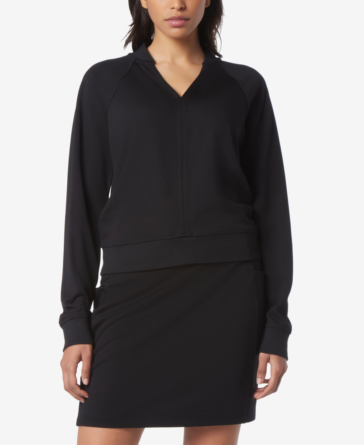 Andrew Marc Sport Women's Heavy Jersey V-neck Raglan Pullover Top - Black