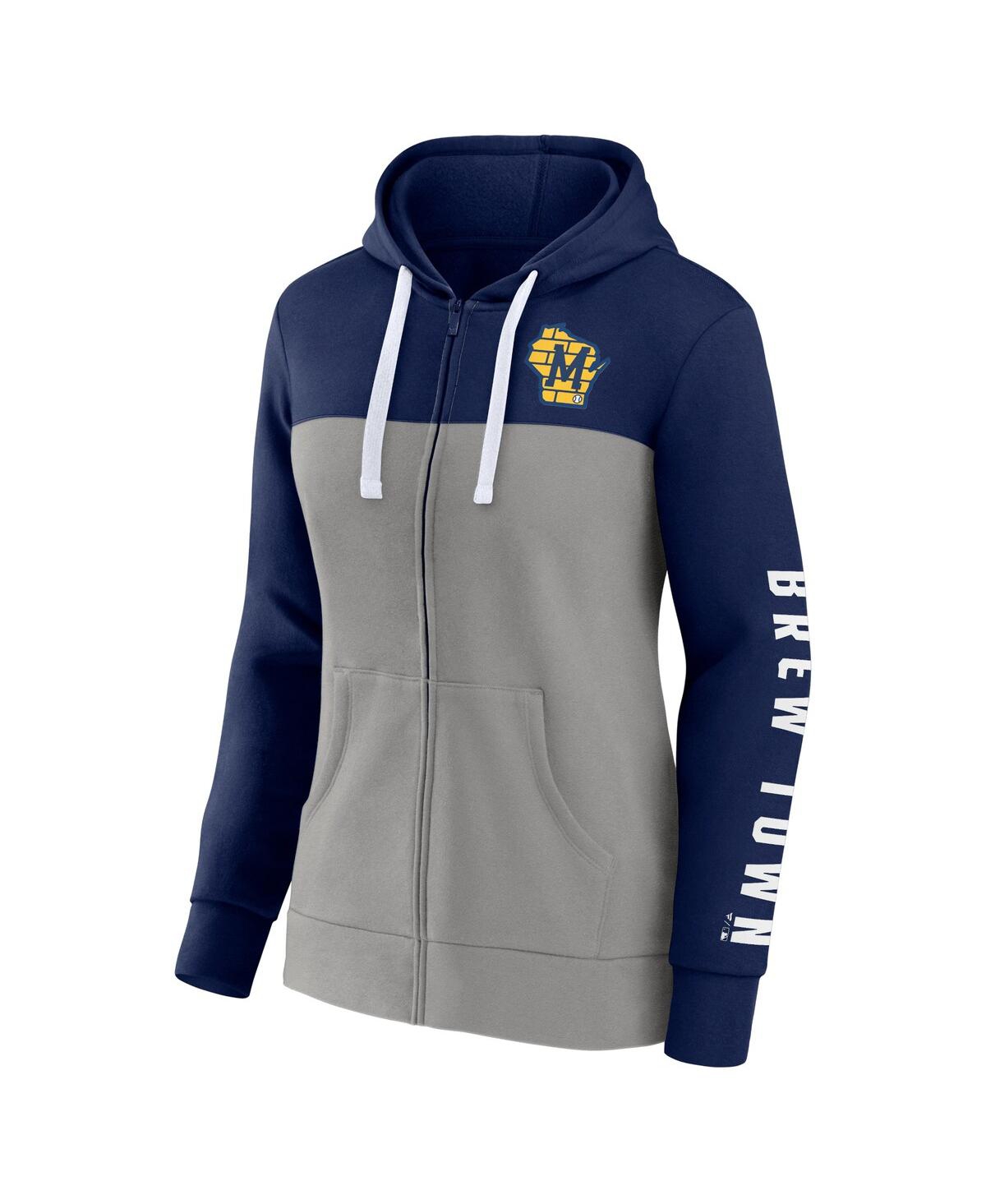 Shop Fanatics Women's  Navy, Gray Milwaukee Brewers Take The Field Colorblocked Hoodie Full-zip Jacket In Navy,gray