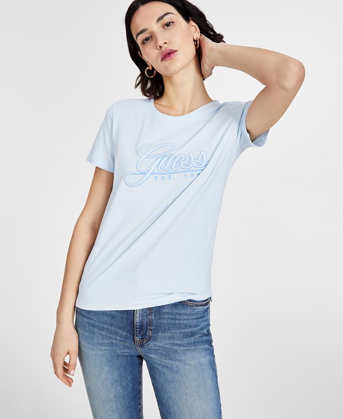 GUESS Women's Script Logo Short Sleeve Cotton T-Shirt & Reviews - Tops ...
