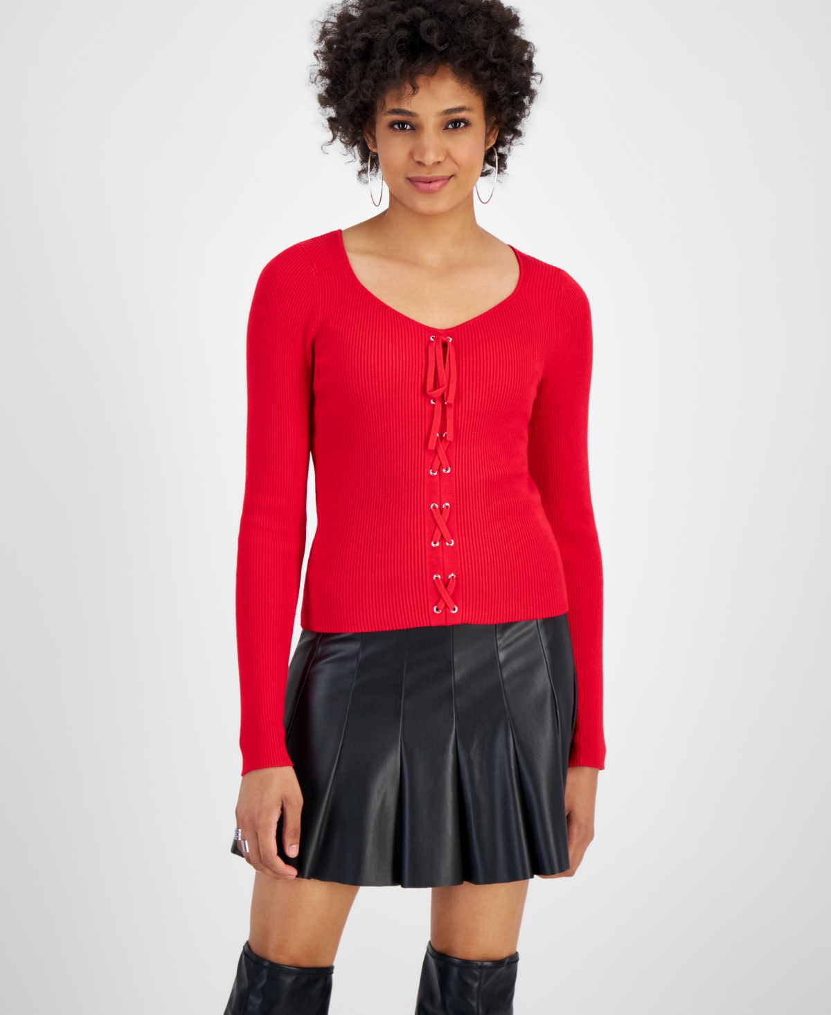 Bar Iii Women's Lace-up Ribbed Sweater, Created For Macy's In Cherry Candy
