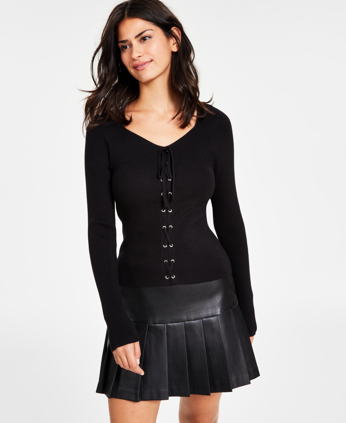 Bar Iii Women's Lace-up Ribbed Sweater, Created For Macy's In Deep Black