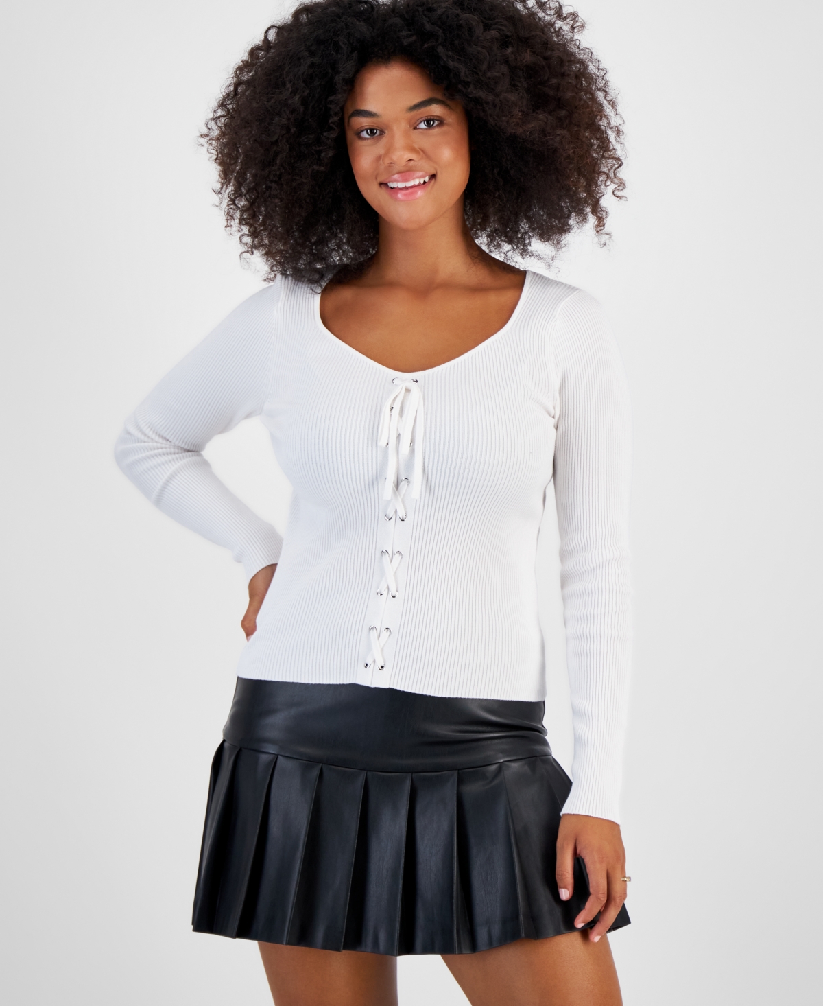 Bar Iii Women's Lace-up Ribbed Sweater, Created For Macy's In Crema