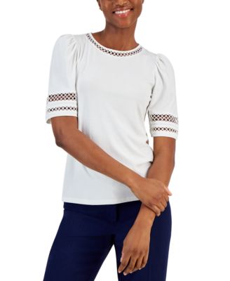 Anne Klein - Women's Lace-Trim Elbow-Sleeve Blouse