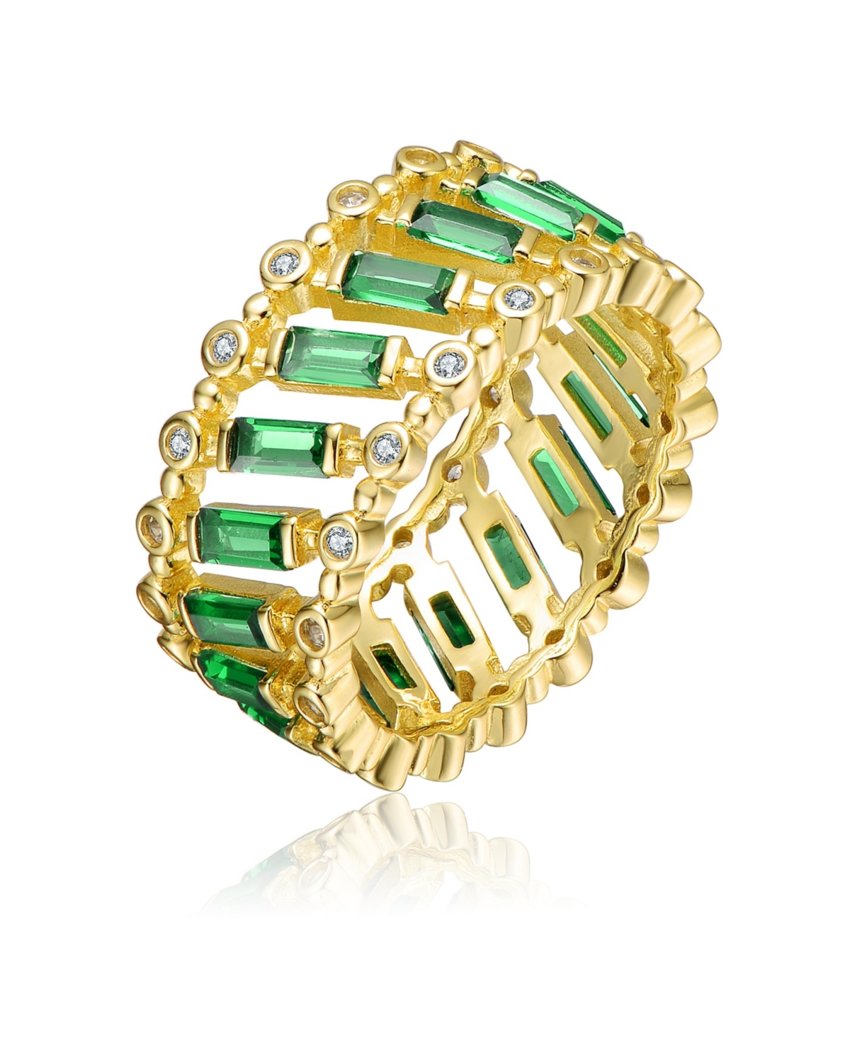 GENEVIVE STERLING SILVER 14K YELLOW GOLD PLATED WITH EMERALD & BAGUETTE ETERNITY BAND RING