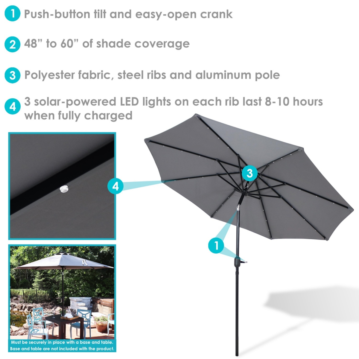 Sunnydaze Decor Solar Aluminum Patio Umbrella with Tilt and Crank - Gray
