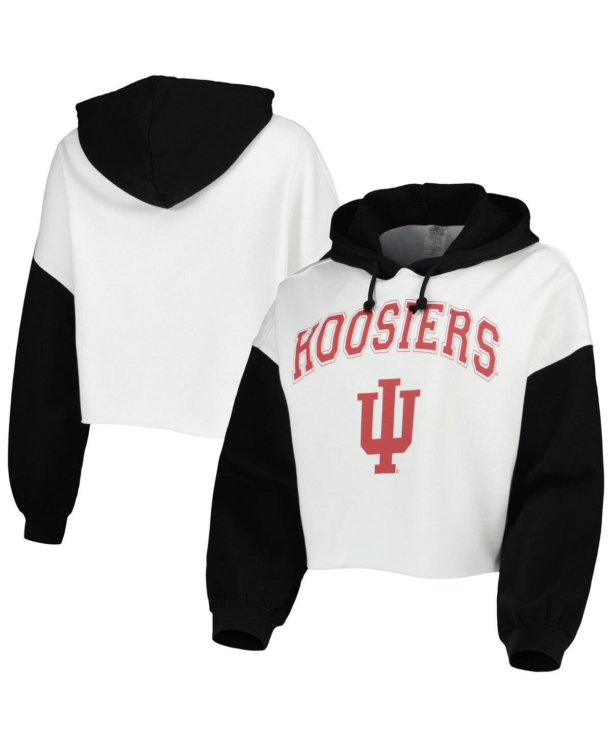 Women's Gameday Couture White and Black Indiana Hoosiers Good Time Color Block Cropped Hoodie - White, Black