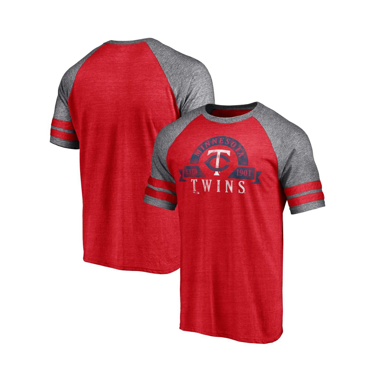 Мужская футболка Fanatics Heather Red Minnesota Twins Utility Two-Stripe Raglan Tri-Blend — фото 1