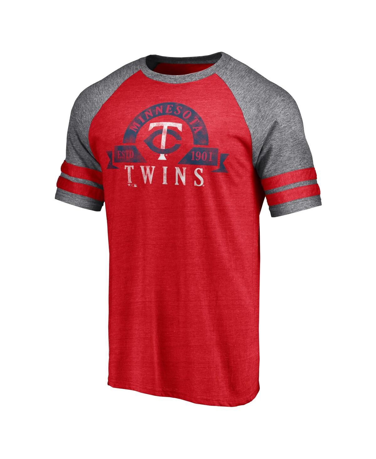 Fanatics Branded Heather Red Minnesota Twins Utility Two-stripe Raglan Tri-blend T-shirt In Heather Red