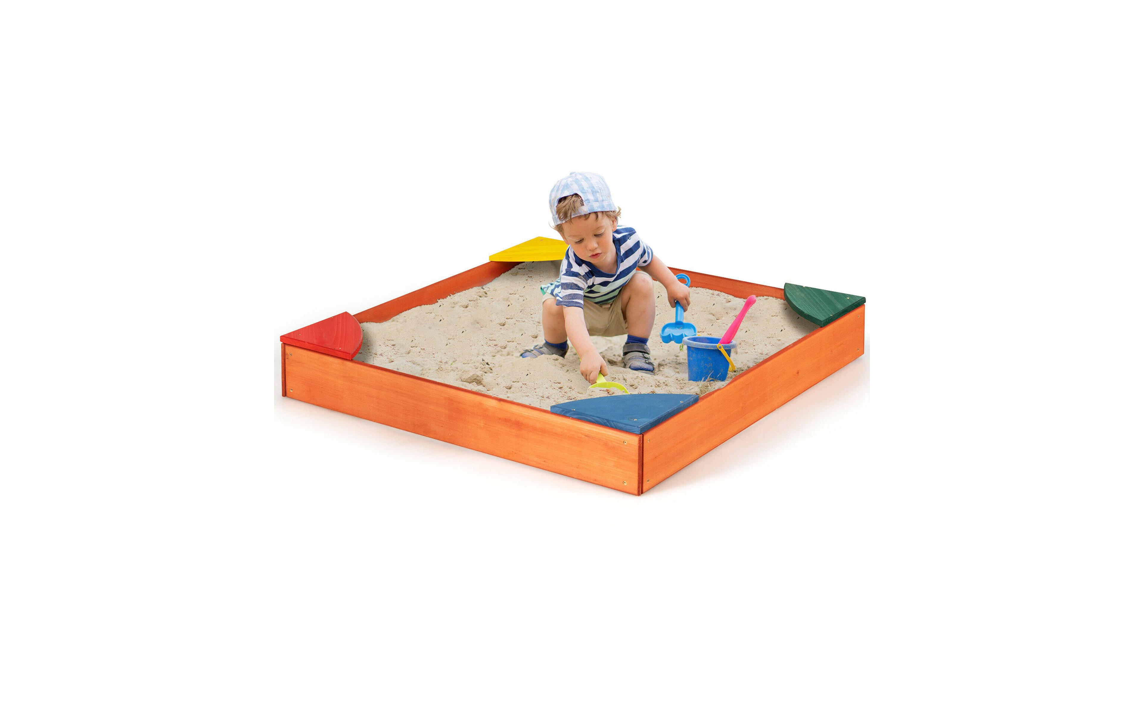 Kids Wooden Backyard Sandbox W/ Built-in Corner Seating Kid's Outdoor Furniture