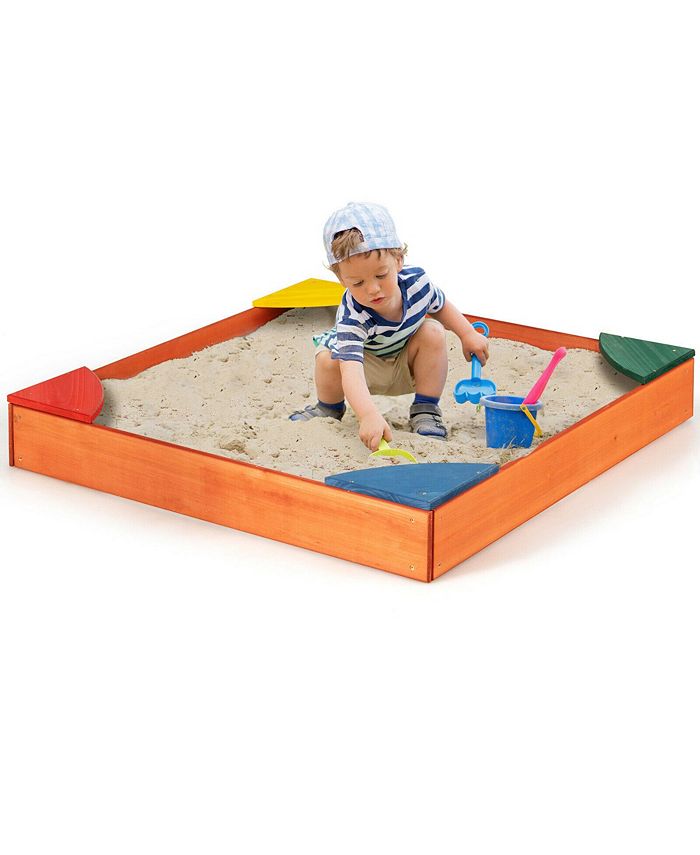 Costway Kids Wooden Backyard Sandbox W/ Builtin Corner Seating Kid's Outdoor Furniture Macy's
