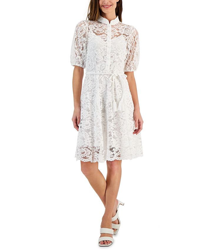 Tahari Petite Lace Belted Fit & Flare Dress - Macy's