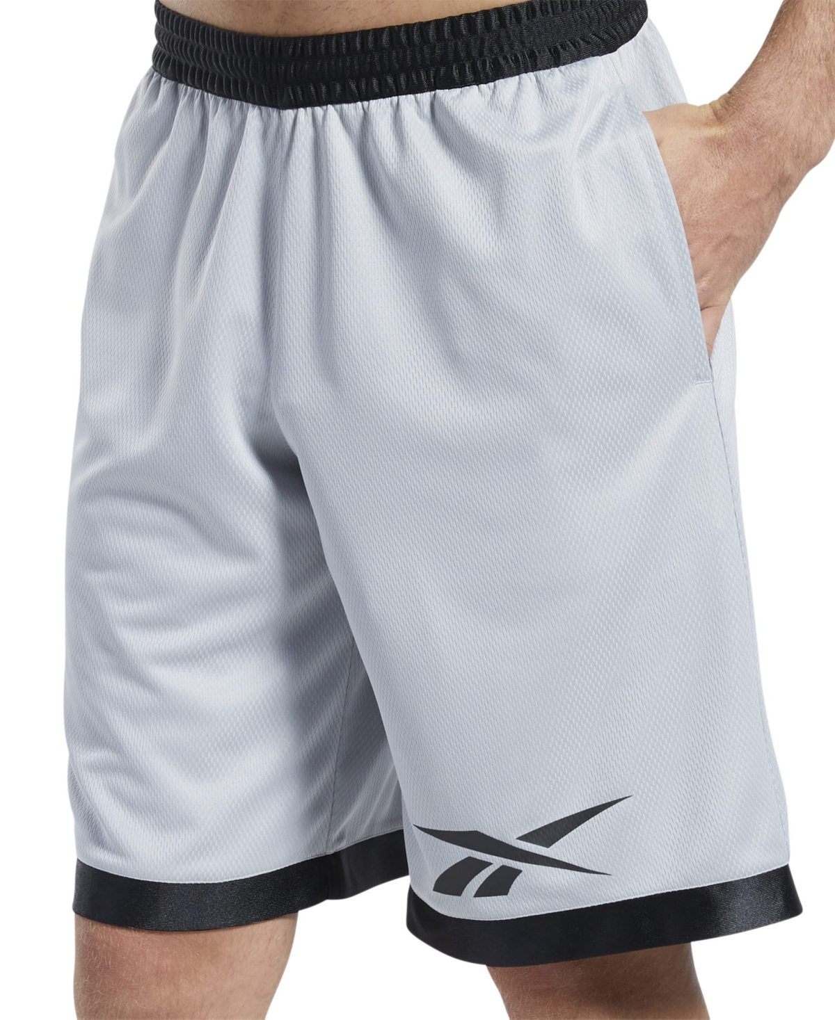Shop Reebok Men's Regular-fit Logo-print Mesh Basketball Shorts In Pure Grey,black