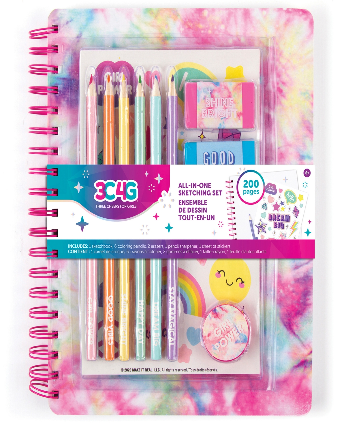 Three Cheers For Girls Kids' 3c4g All-in-one Sketching Set Pastel Tie Dye Make It Real, Tweens Girls, 200 Page Book, Includes 6 C In Multi