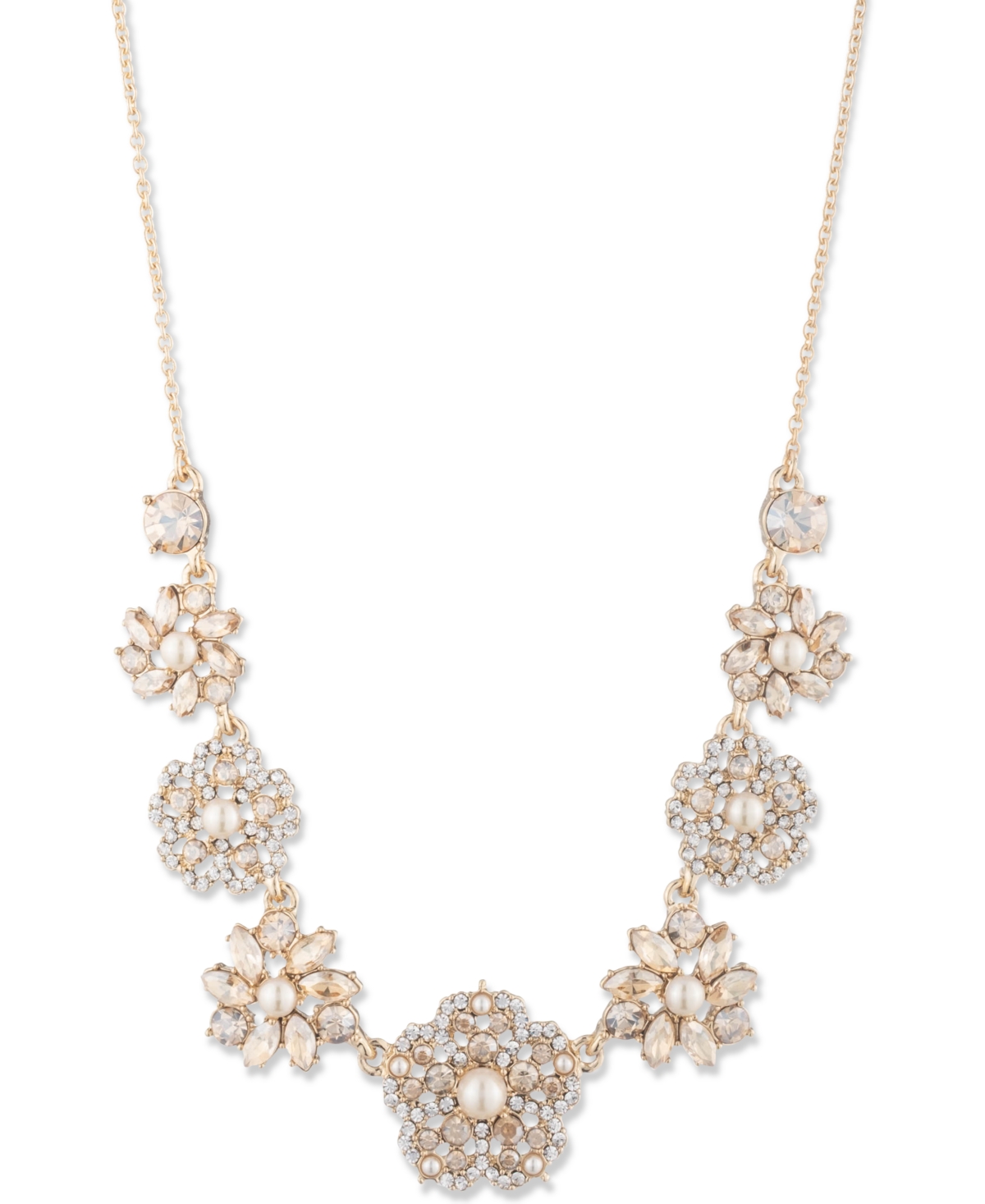 MARCHESA GOLD-TONE CRYSTAL & IMITATION PEARL FLOWER STATEMENT NECKLACE, 16" + 3" EXTENDER