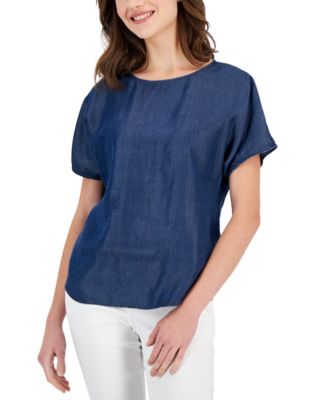 Anne Klein - Women's Denim Boat-Neck Short-Sleeve Top