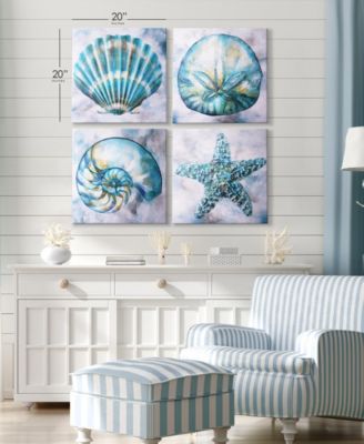 Coastal Beach Seashells Starfish 4 Piece Canvas Art Set, 20" x 20"