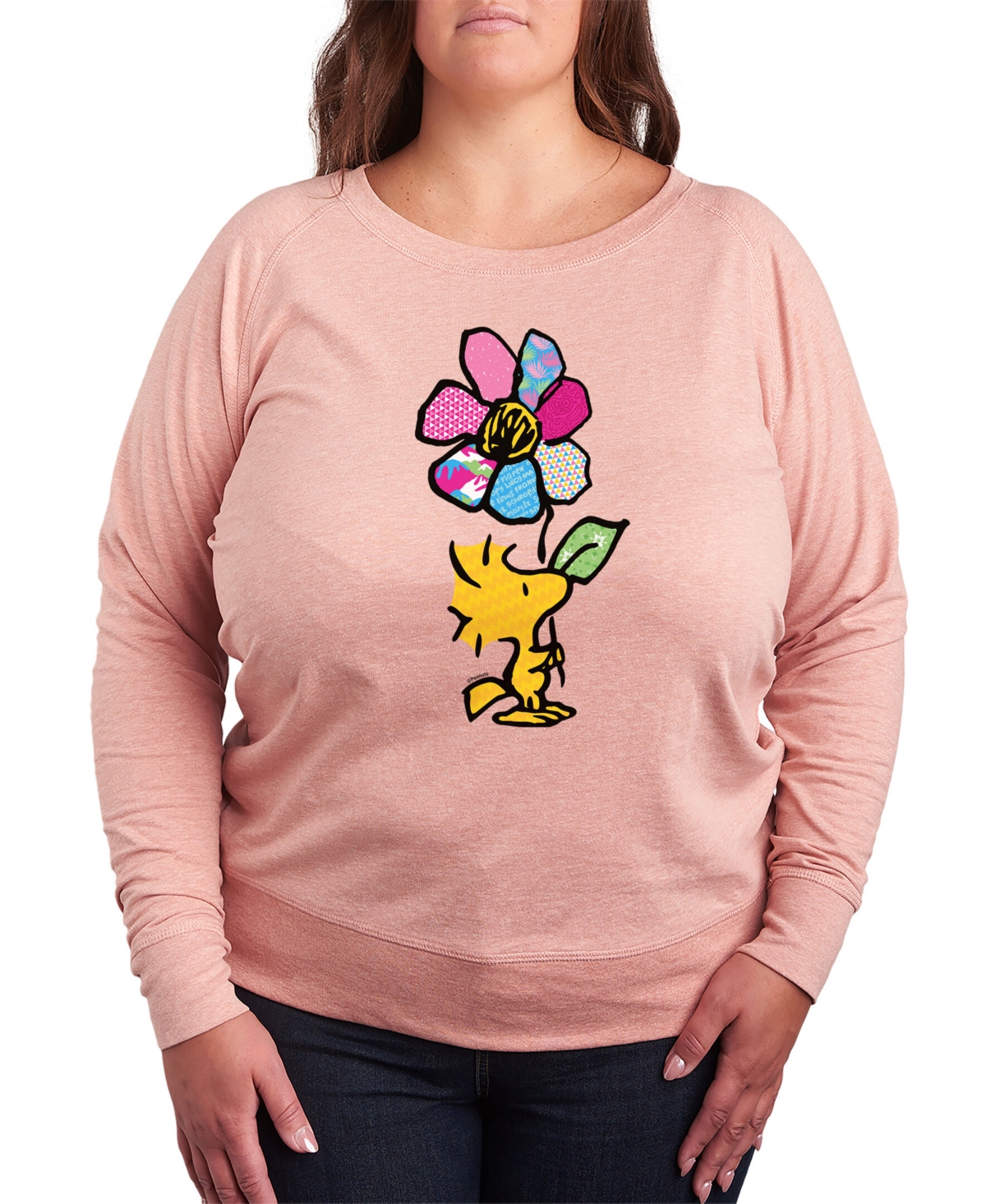 Air Waves Trendy Plus Size Peanuts Long Sleeve Graphic Pullover Top In Pink