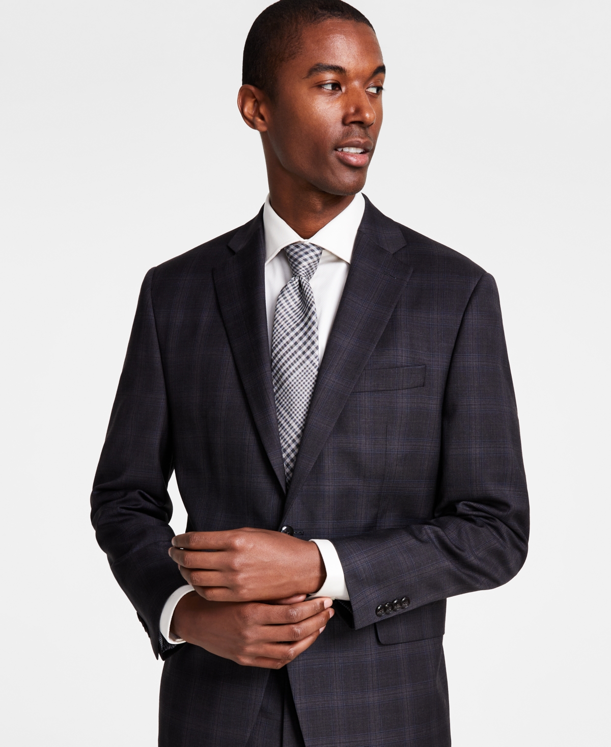 Michael Kors Men's Classic-Fit Wool-Blend Stretch Suit Separate Jacket -brown Plaid