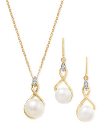 Shop Macy's Cultured Freshwater Pearl Cubic Zirconia Jewelry Set In 14k Two Tone Gold Plated Sterling Silver In Gold Over Silver