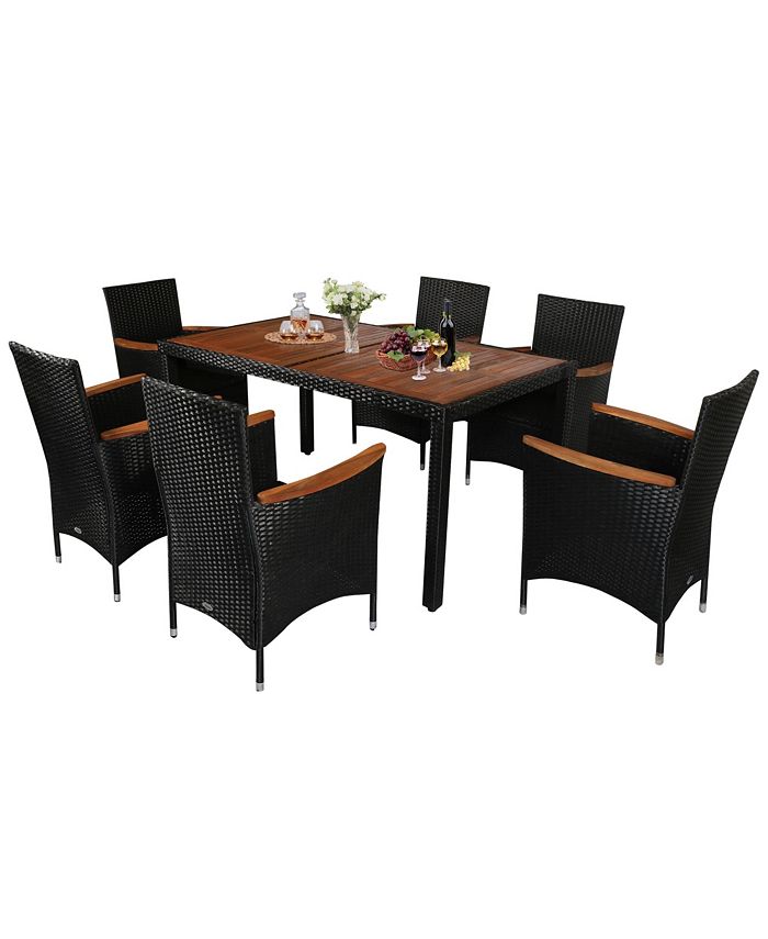 Outsunny 7 PCS Patio Dining Set Rattan Wicker Furniture Set with Acacia