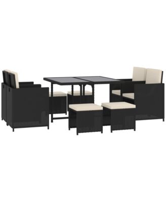 9 Piece Patio Wicker Dining Sets, Space Saving Outdoor Sectional Conversation Set, with Dining Table, Ottoman and Chair & Cushioned for Lawn Garden Backyard, Black