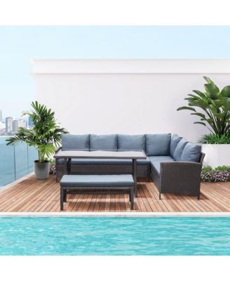 4pc Modern Outdoor Patio Rat Wicker Patio Dining Table Bench Sofa