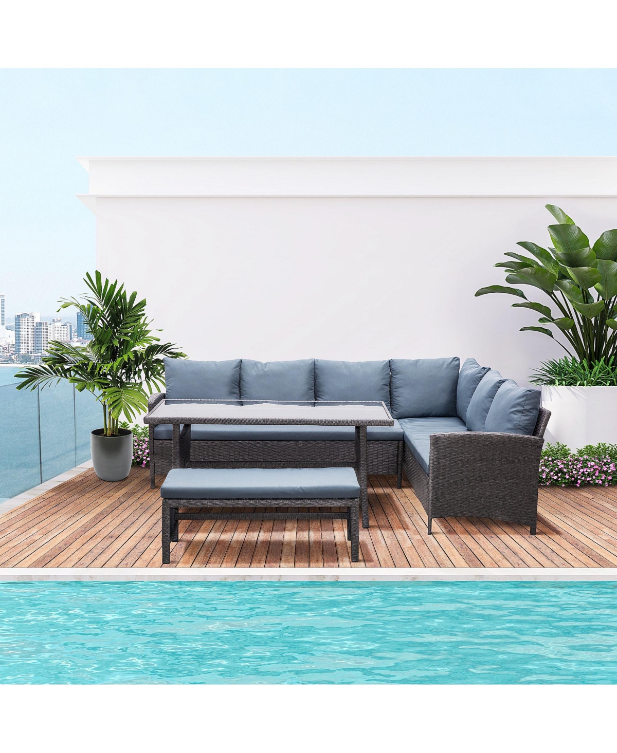 Outsunny 4 Pieces Patio Wicker Dining Sets, Outdoor Pe Rattan Sectional Conversation Set with Cushions & Dining Table, Bench for Garden, Backyard, Law