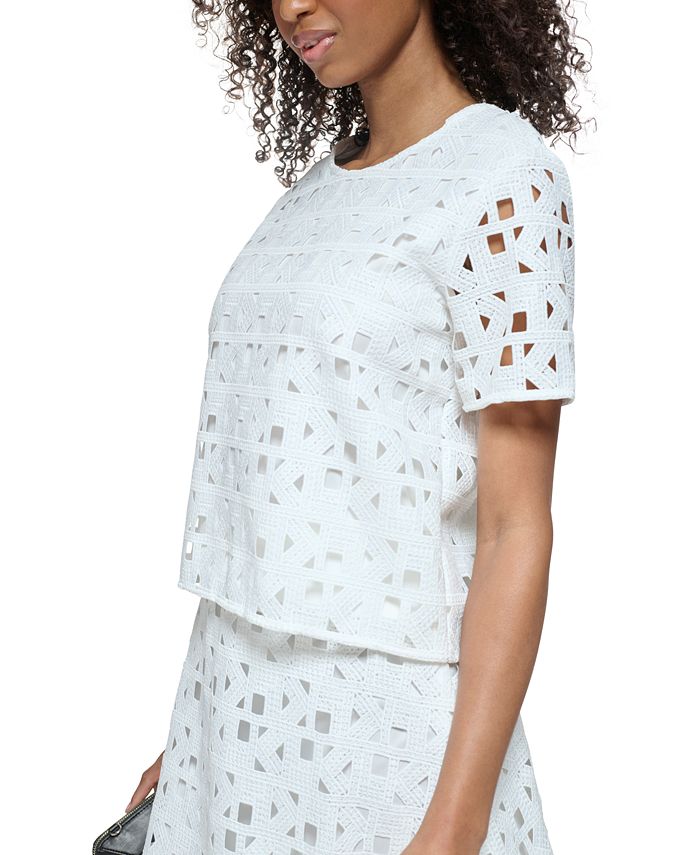 Karl Lagerfeld Paris Womens Round Neck Short Sleeve Lace Top And Reviews Tops Women Macys 