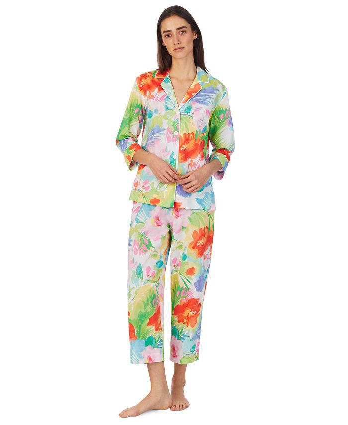 Lauren Ralph Lauren Women's 3/4 Sleeve Notch Collar Capri Pant Pajama 2  Piece Set - Macy's