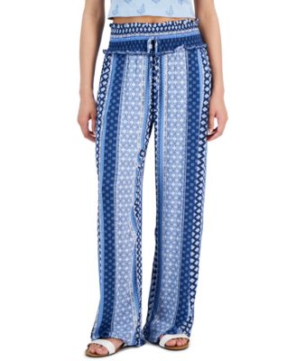 Kingston Grey - Juniors' Printed Smocked Wide-Leg Pants