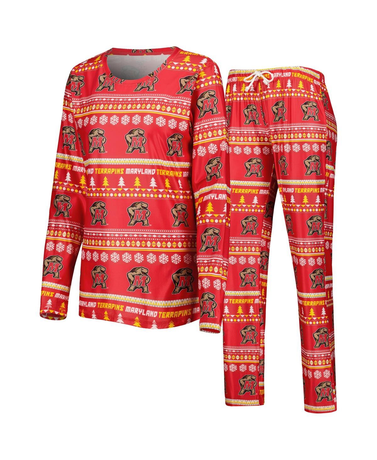 Shop Concepts Sport Women's  Red Maryland Terrapins Holiday Long Sleeve T-shirt And Pants Sleep Set
