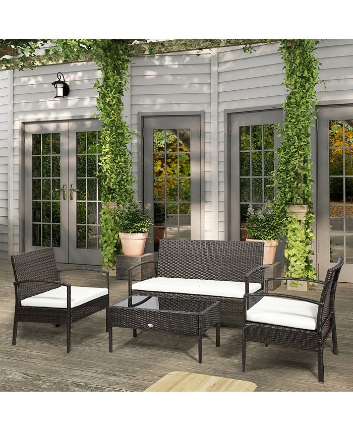 Outsunny Patio Porch Furniture Sets 4PCS Rattan Wicker Chair w/ Table