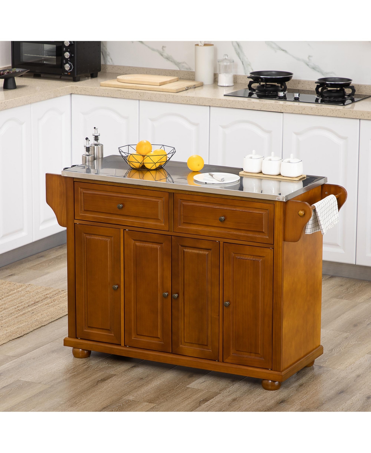 Homcom Triple-Cabinet Double-Drawer Kitchen Island with Storage, Butcher Block Island with Stainless Steel Top, Spice and Towel Rack,Wood Finis