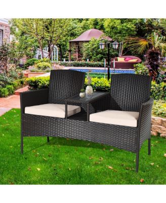 Patio Rattan Conversation Set Loveseat Sofa Cushioned Coffee Table