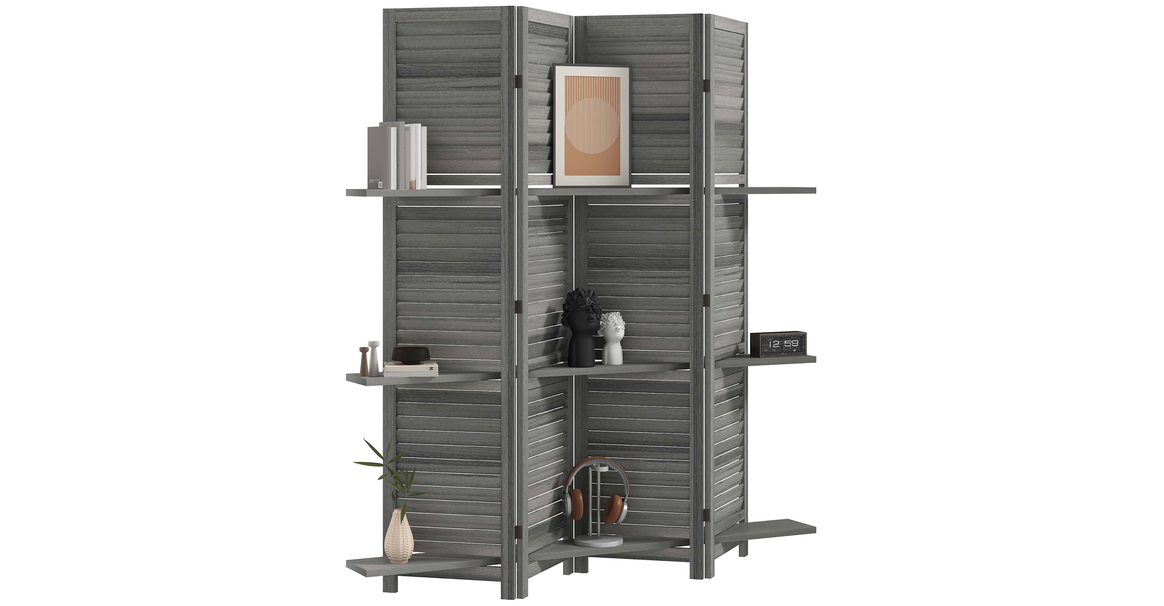Homcom Blinds Style 4-Panel Folding Privacy Screen Room Divider 3 Shelves Wooden