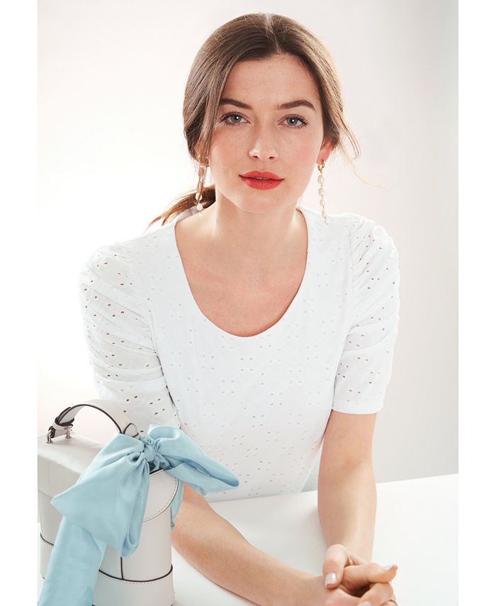 Women's Ruched Short Sleeve Eyelet Tops Dressy Casual Crewneck Blouses Summer T Shirts