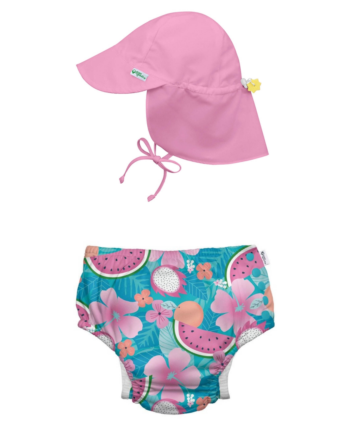 Green Sprouts Kids' Baby Boys Or Baby Girls Snap Swim Diaper And Flap Hat Upf 50, 2 Piece Set In Aqua Tropical Fruit Floral