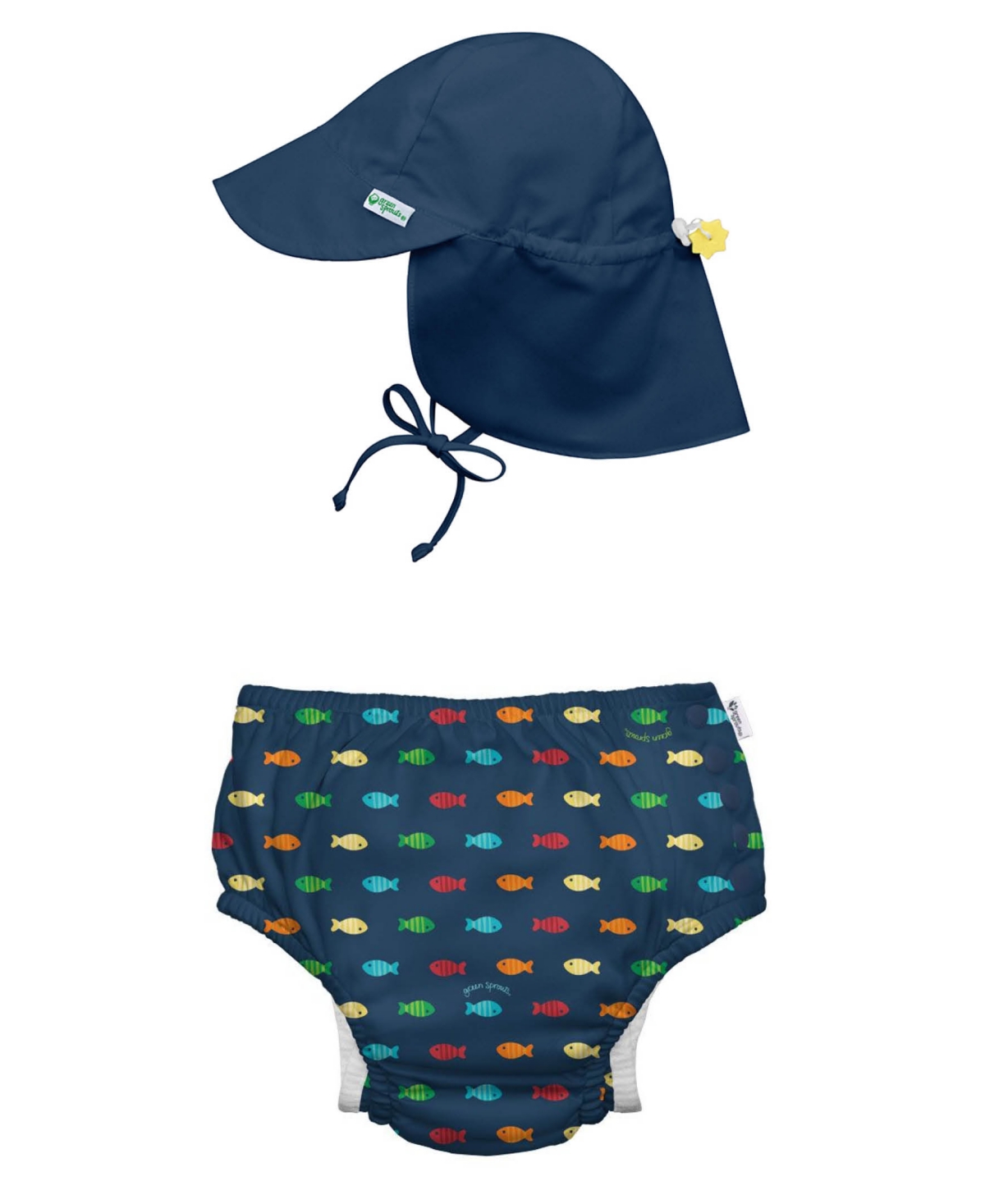 Green Sprouts Baby Boys Or Baby Girls Snap Swim Diaper And Flap Hat Upf 50, 2 Piece Set In Navy Fish Geo