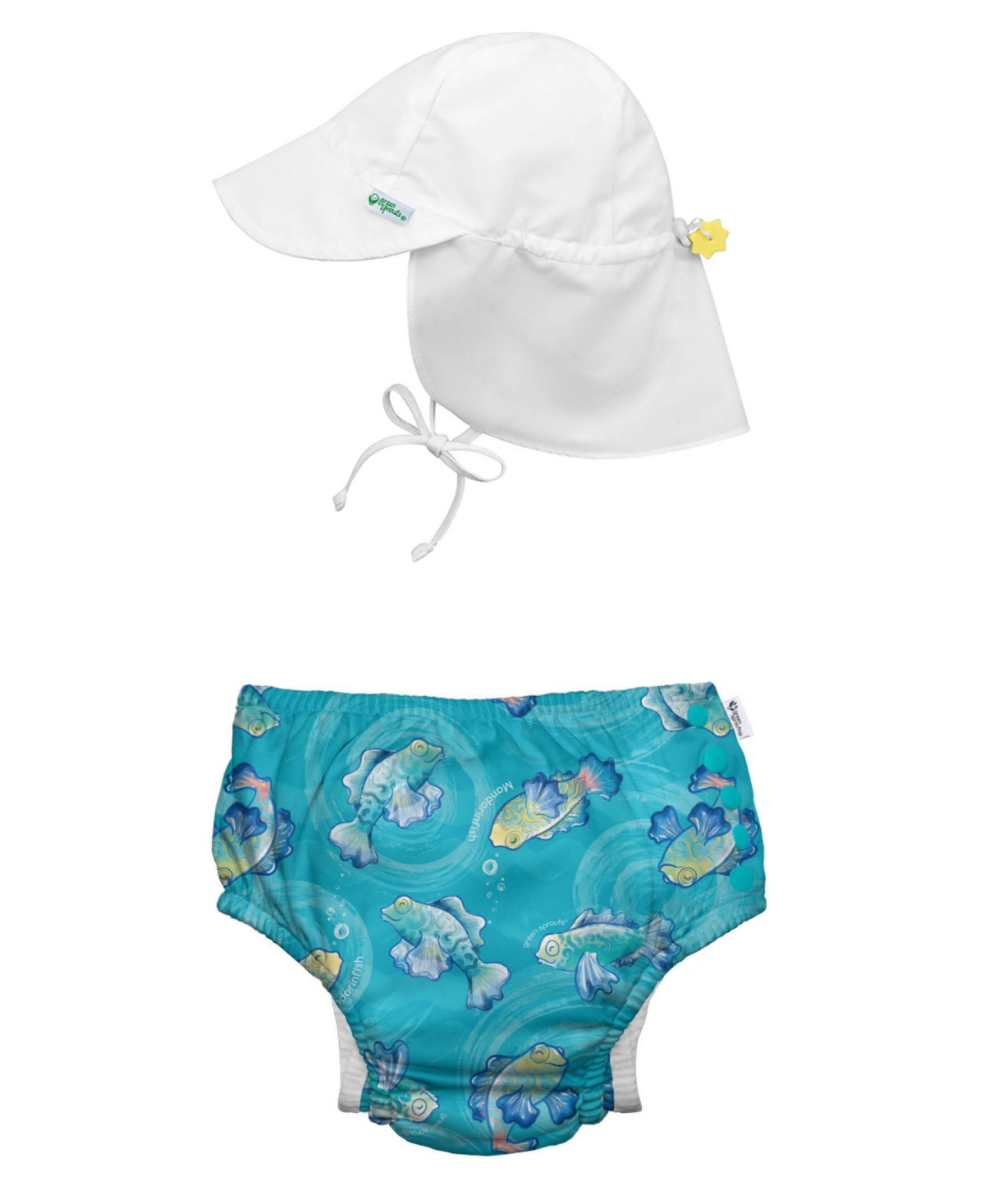 Green Sprouts Baby Boys Or Baby Girls Snap Swim Diaper And Flap Hat Upf 50, 2 Piece Set In Aqua Mandarin Fish