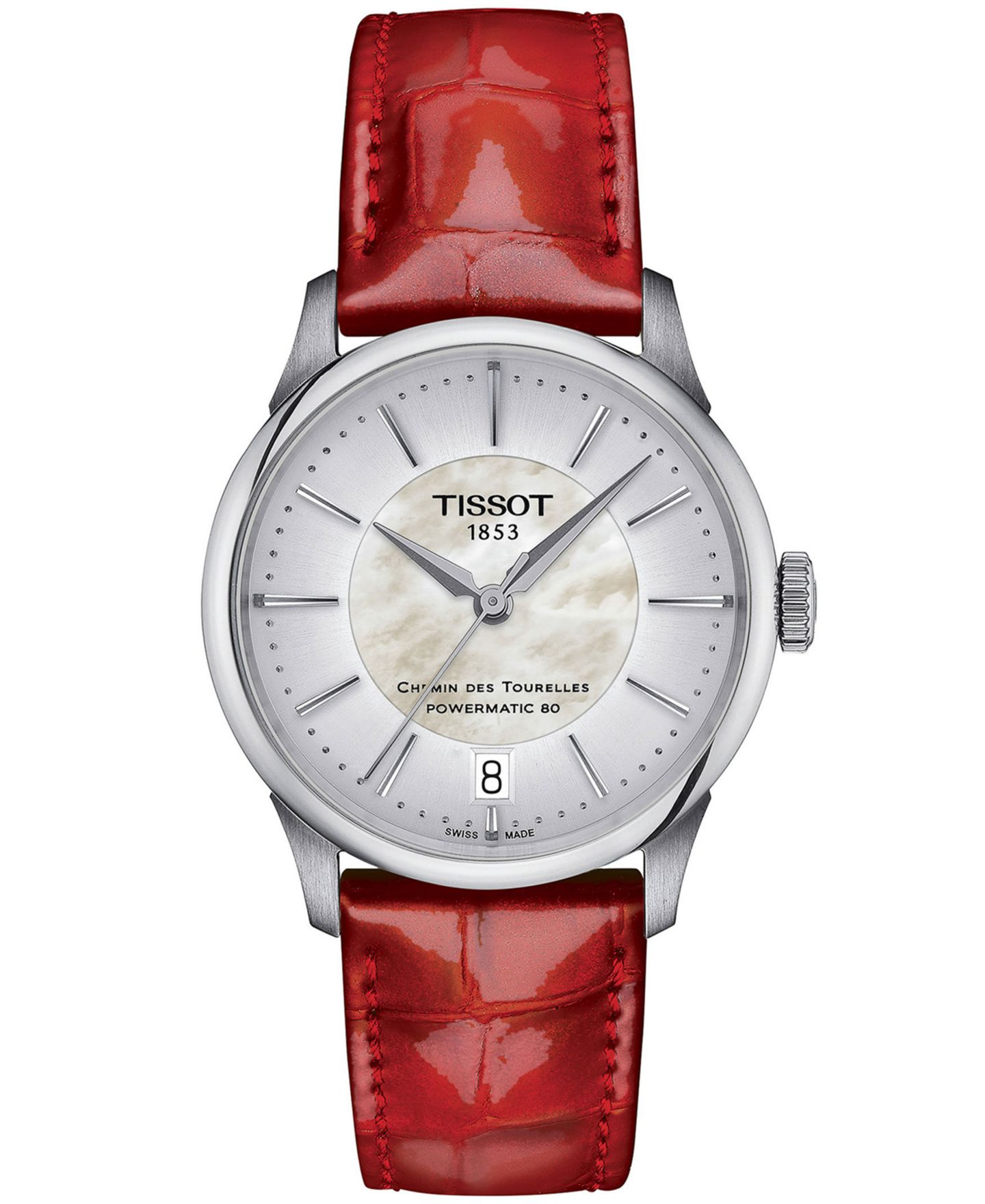 Женские часы Tissot Swiss Automatic Chemin des Tourelles Powermatic 80 Red Leather Strap Watch 34mm — фото 1