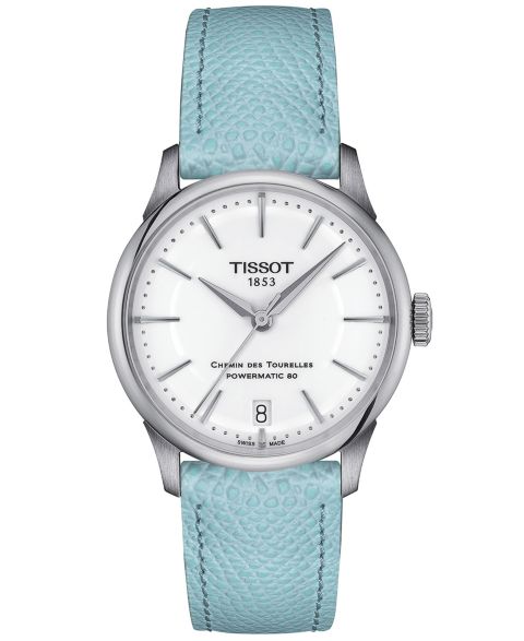 Женские часы Tissot Swiss Automatic Chemin des Tourelles Powermatic 80 Blue Leather Strap Watch 34mm