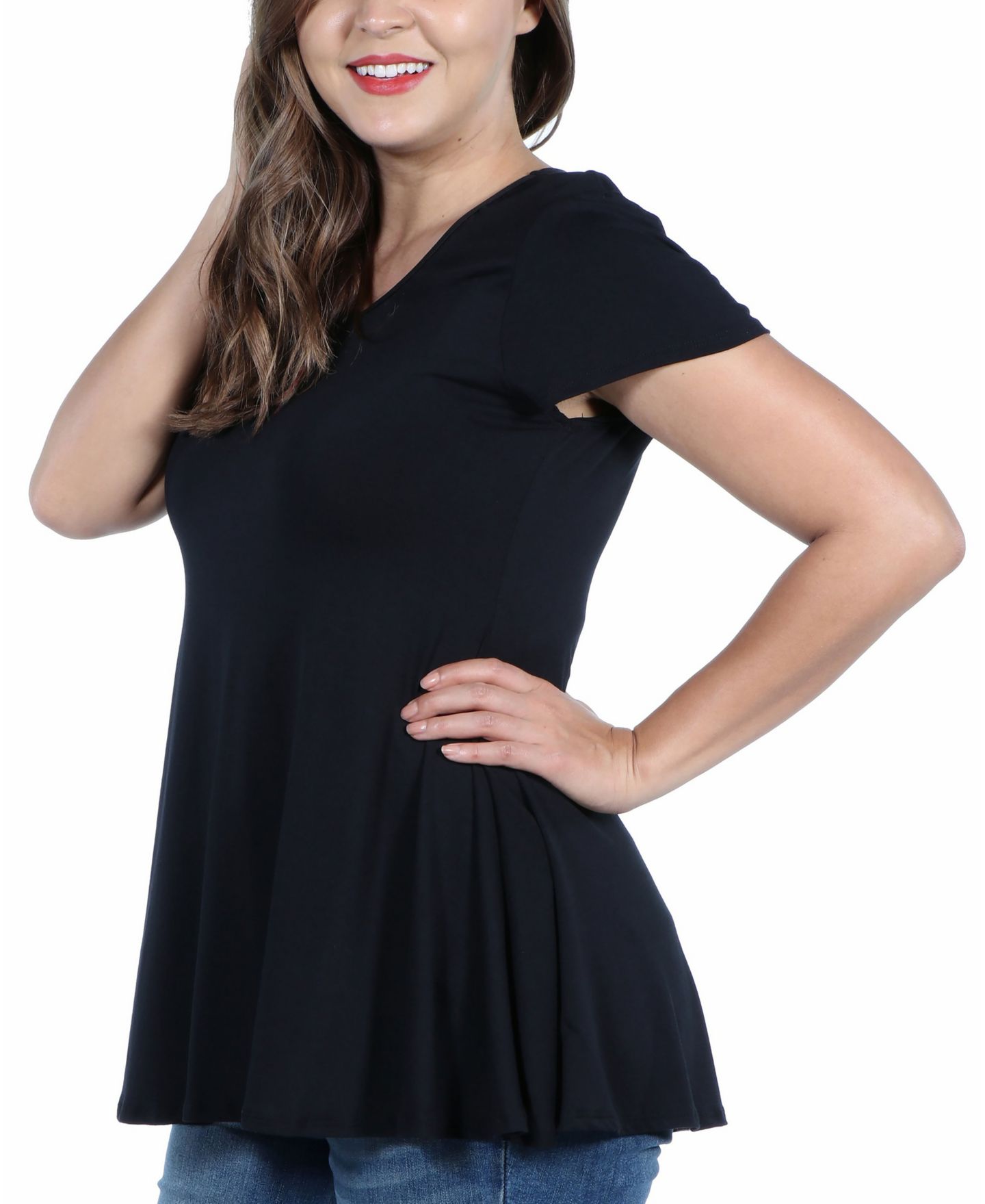 Женский топ 24seven Comfort Apparel Plus Size Short Sleeve V-Neck Tunic Top, цвет: Чёрный — фото 3