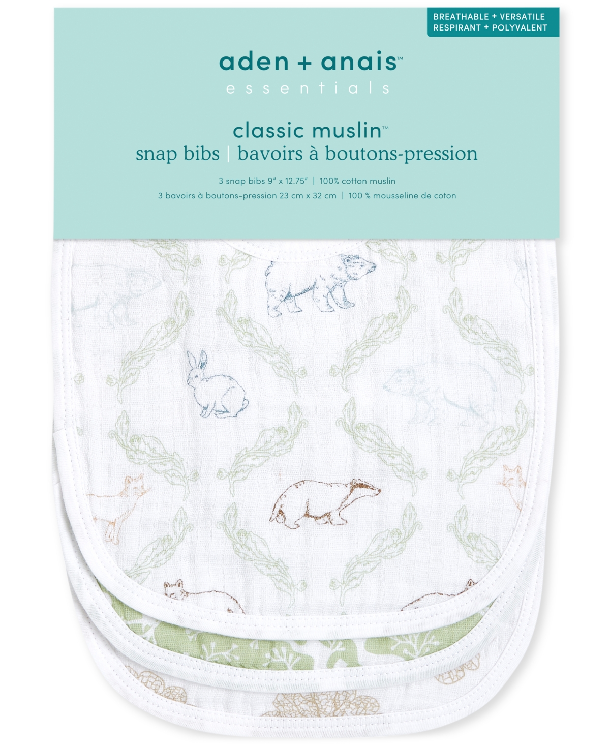 aden by aden + anais Baby Boys or Baby Girls Harmony Essential Muslin Bibs, Pack of 3