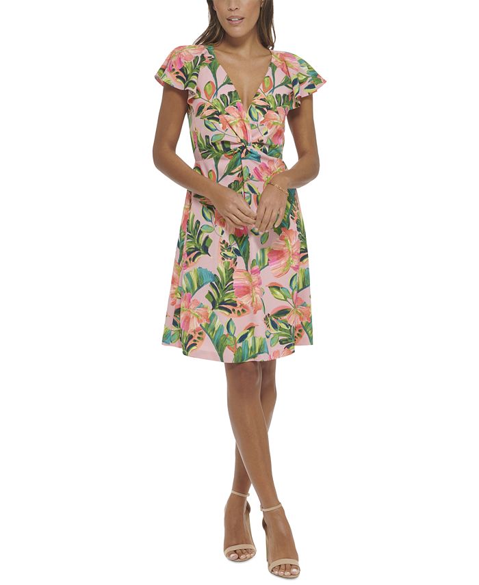 kensie Women's Printed Knot-Front Flutter-Sleeve Dress - Macy's