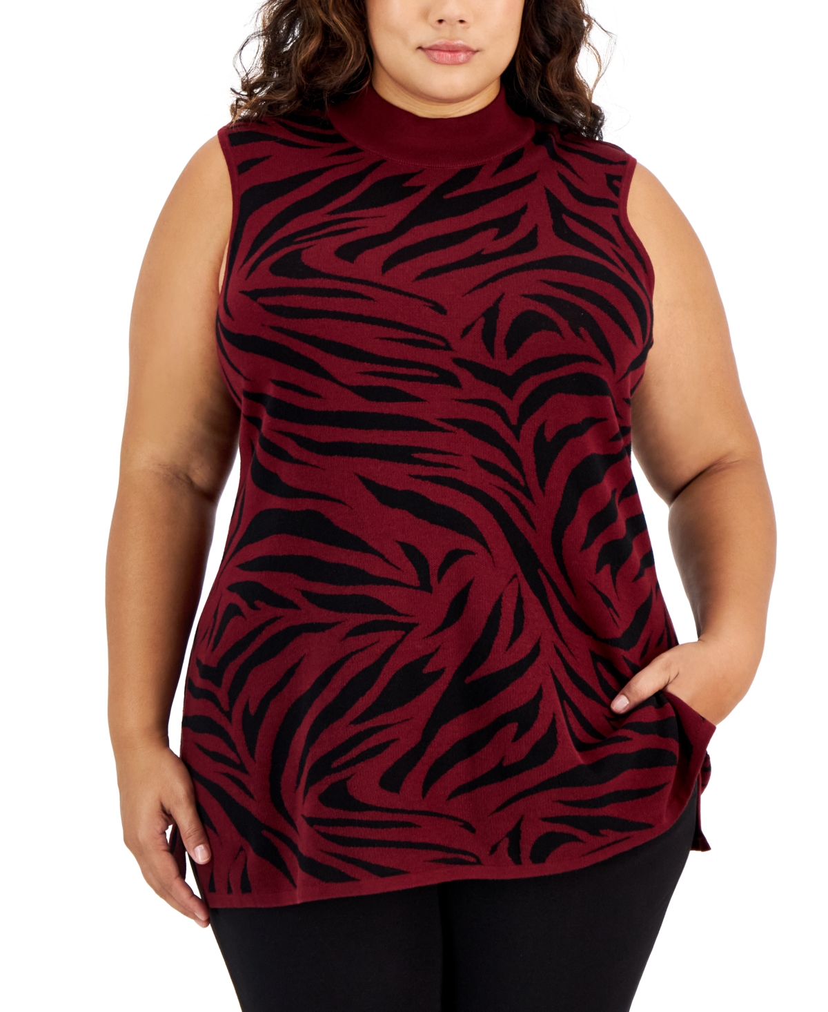 Jm Collection Plus Size Animal-Print Mock-Neck Sweater, Created for Macy's
