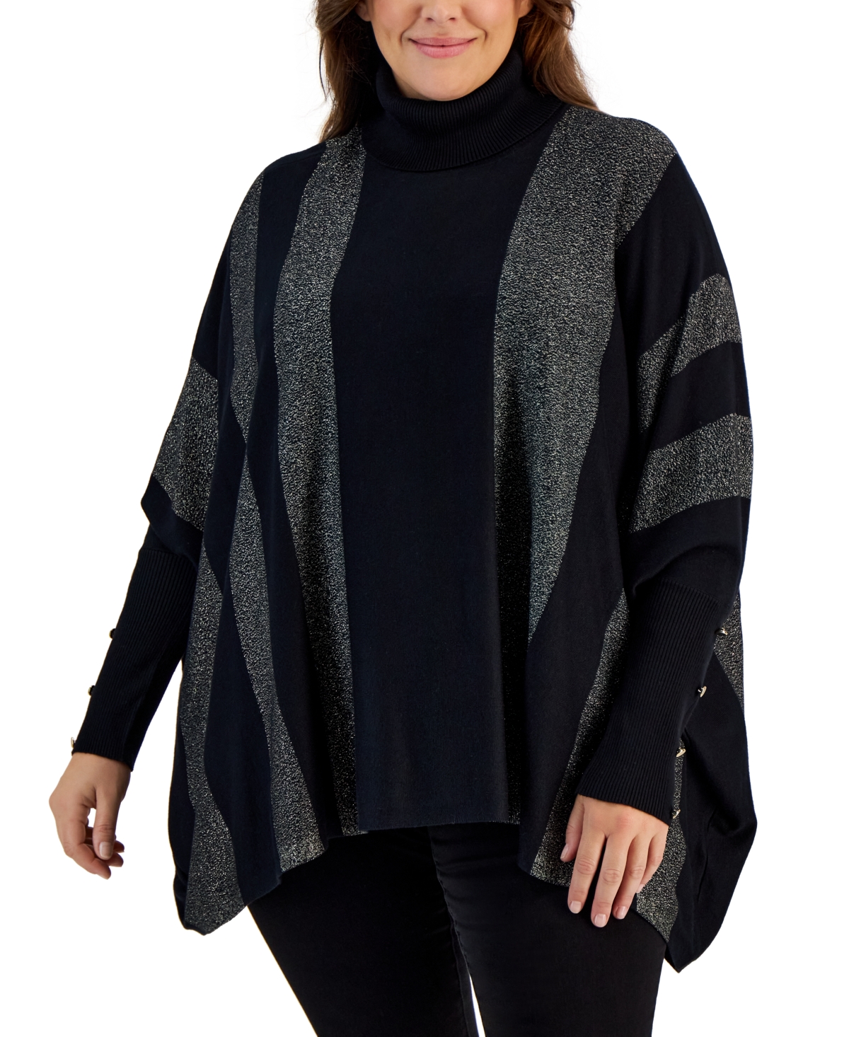 Plus Size Lurex-Striped Turtleneck Poncho Sweater, Created for Macy's - Deep Black Lure