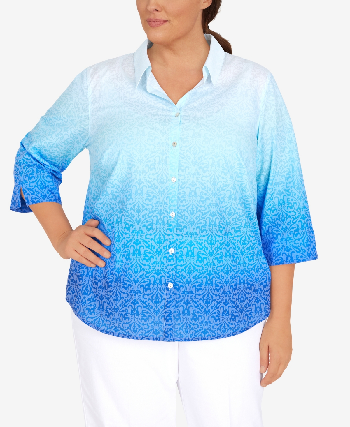 Alfred Dunner Plus Size Cool Vibrations Button Down Ombre Medallion Burnout Top
