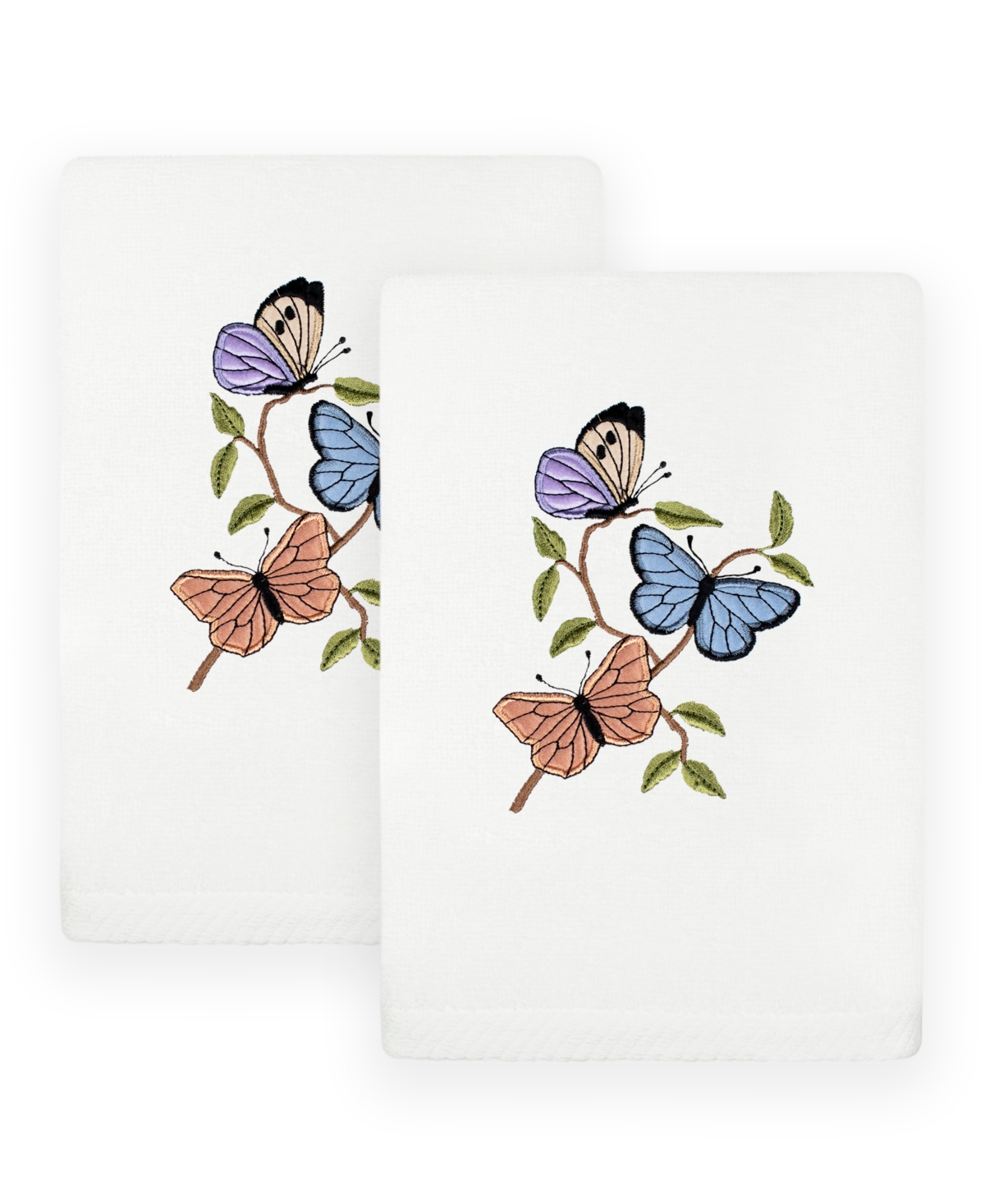 Linum Home Textiles Spring Butterflies Embroidered Luxury 100% Turkish Cotton Hand Towels, Set Of 2, 30" X 16" In White